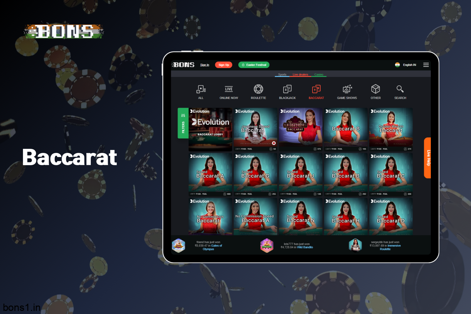 Bons Casino has a great selection of Baccarat games for players from India in the Live Casino section