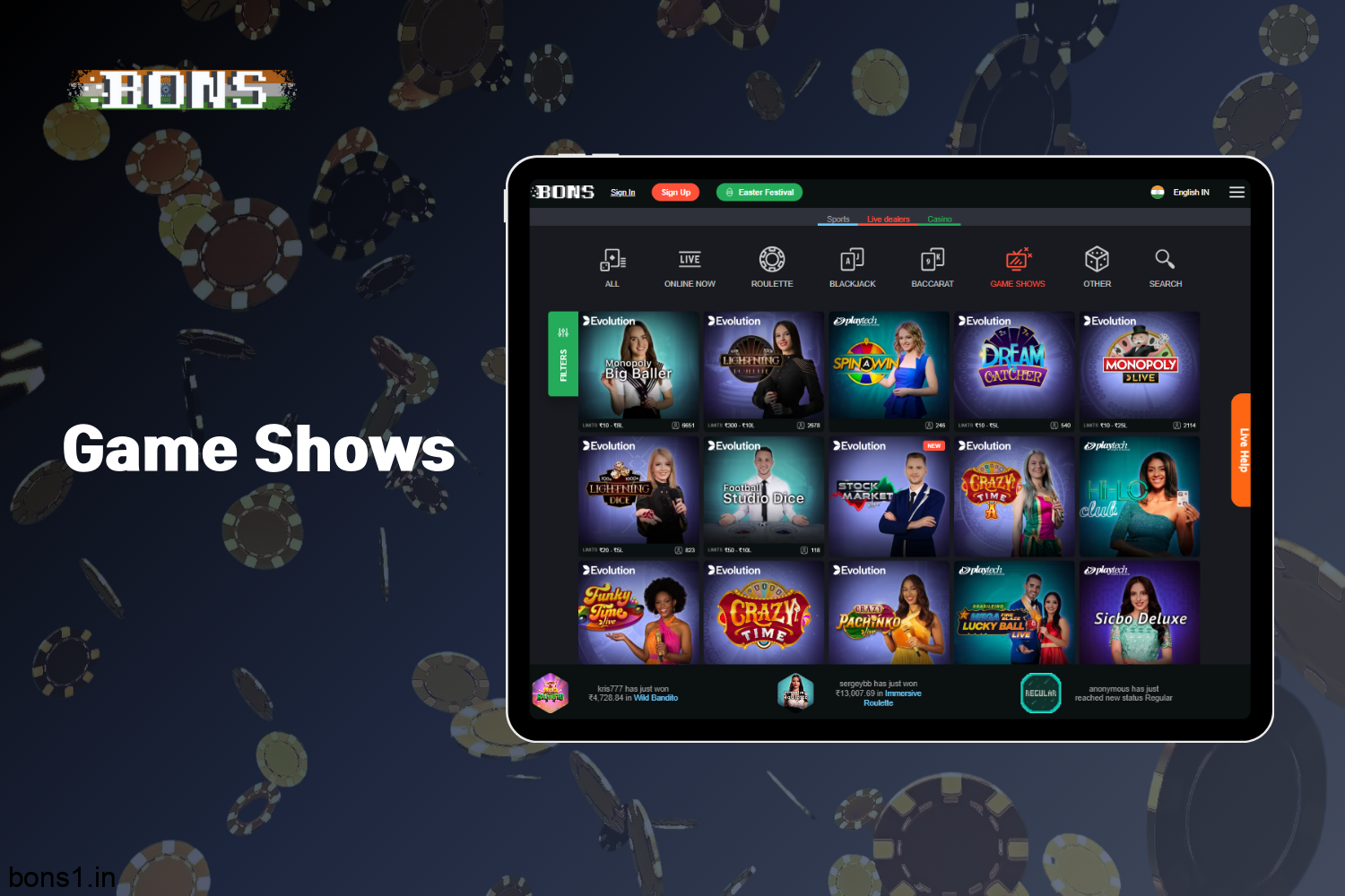 Bons Casino's Live Casino section provides a wide range of game shows for players from India