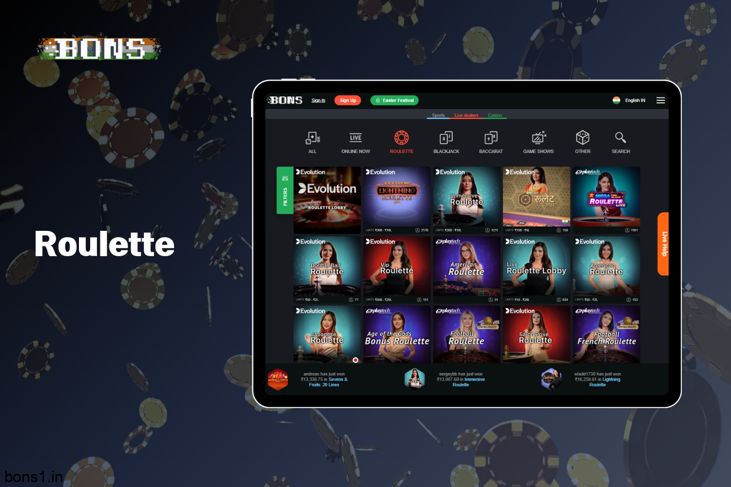 Bons Casino in the Live Casino section has a great selection of Roulette games for players from India
